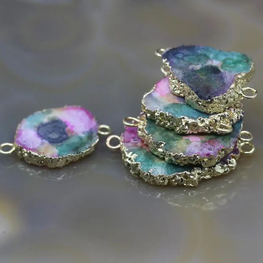 5 шт./лот Радужный цвет Солнечный Кварц Drusy Geode плиты золотые края соединители