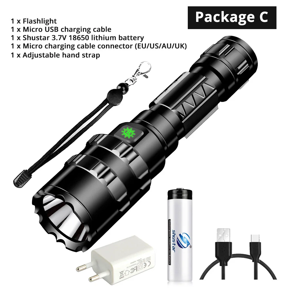 Package C Ультра яркий светодиодный тактический светильник с зарядкой от USB, водонепроницаемый походный светильник фонарь, охотничий светильник, 5 режимов, аккумулятор 18650 - Испускаемый цвет: Package C