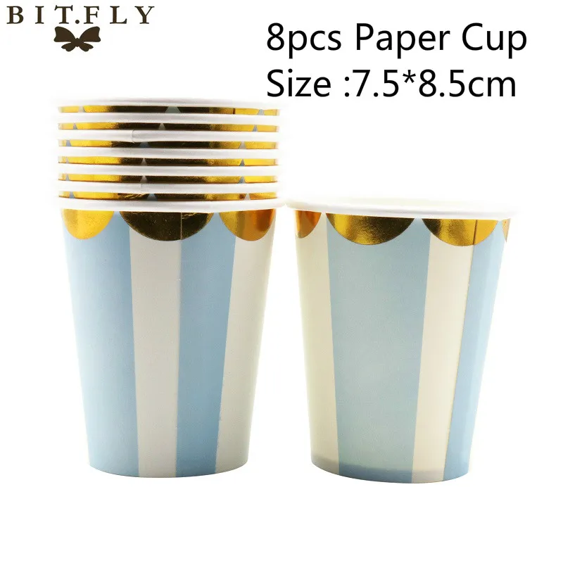 Blue Cup BIT.FLY, Золотая фольга, одноразовая посуда на день рождения, детская вечеринка, розовая/синяя бумажная тарелка, салфетки под чашки для мальчиков/девочек, украшения для вечеринки сделанные своими руками - Цвет: Blue Cup