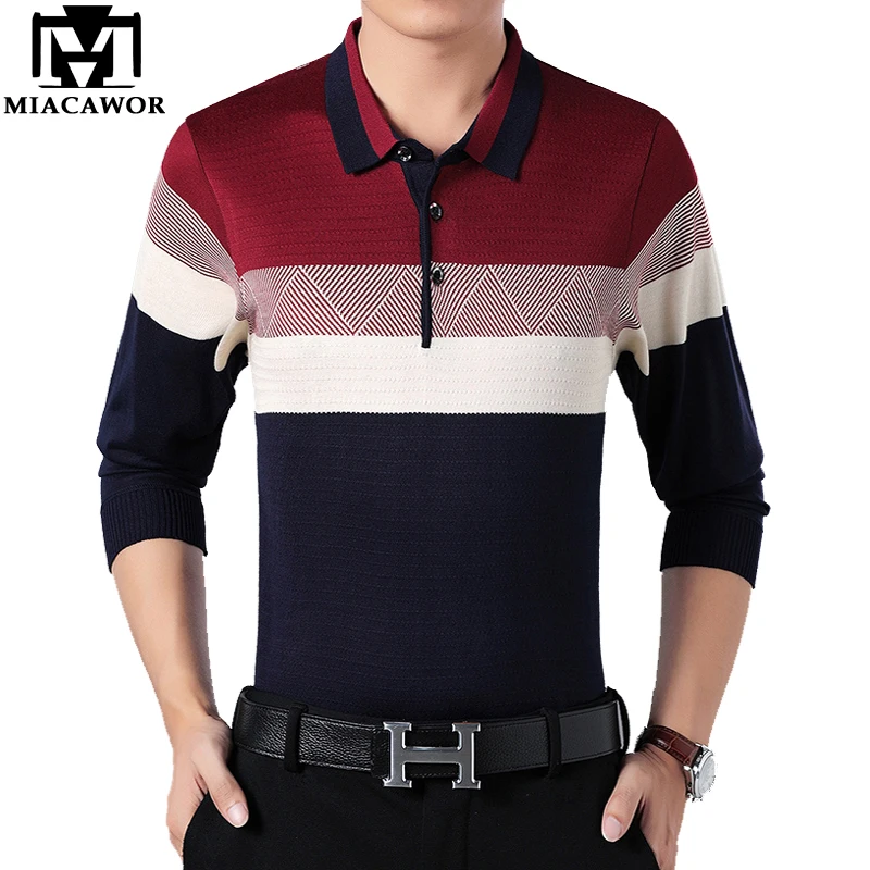 Рубашка поло MIACAWOR мужская Трикотажная приталенная с длинным рукавом брендовая