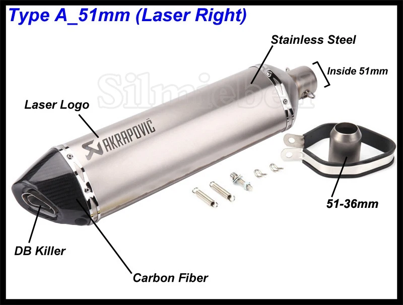 A-51mm (Laser Right) Левая Правая сторона 570 мм Длина 51 мм вход Универсальный Akrapovic Мотоцикл выхлопная труба CB600 ER10N Z800 MT09 R1 R6 R15 FZ6N PCX125 - Цвет: A-51mm (Laser Right)