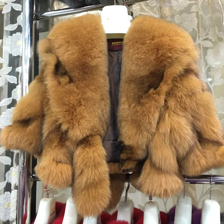 khaki Женская куртка из натурального Лисьего меха с натуральным лисьим мехом, большой воротник, короткое пальто с коротким рукавом, модная женская зимняя теплая верхняя одежда, вечерние - Цвет: khaki