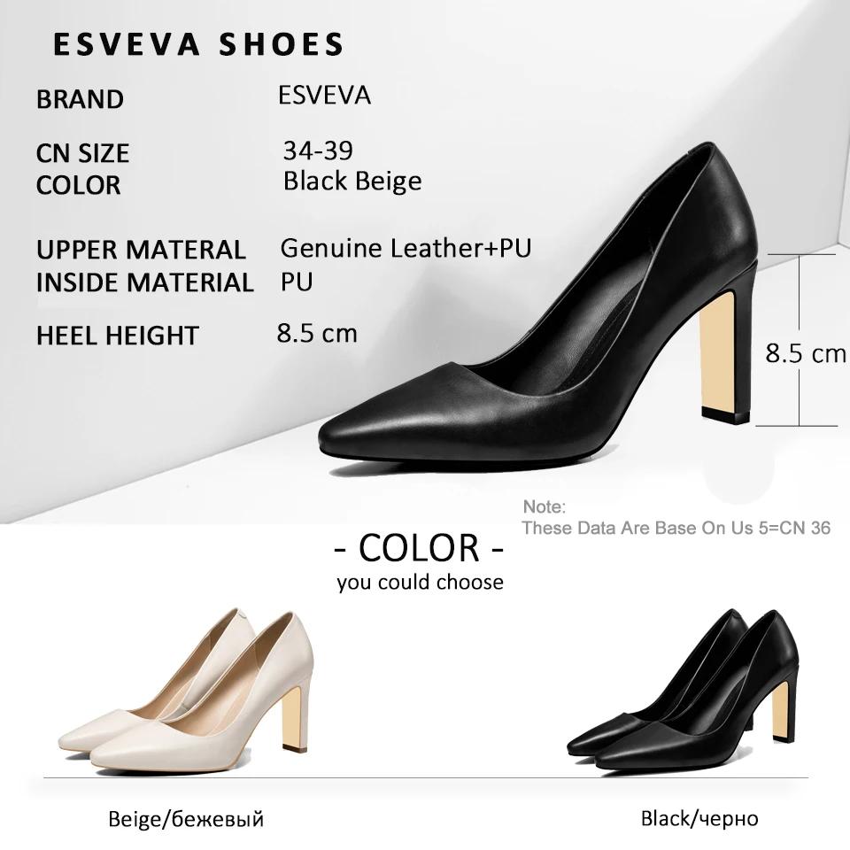 

ESVEVA 2019 Women Pumps Slip on Square Heels Pointed Toe Sexy Handmade High Heel Shallow Women Shoes Embossed Leather Size 34-39
