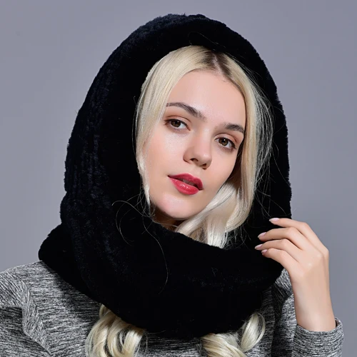 Raglaido зимняя шапка с капюшоном из кроличьего меха, модная шапка из натурального меха Рекс для женщин, зимняя теплая шапка, вязаная шапка большого размера LQ11283 - Цвет: Black