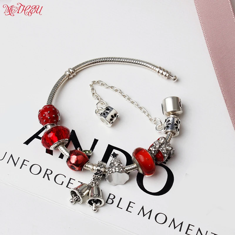 MaHeu Safety Clasp Charm Bracelets Silver Exquisite Red Crystal Beads Bells Pendant Christmas Tree Bead Fit Gift For Women&ampGirl |