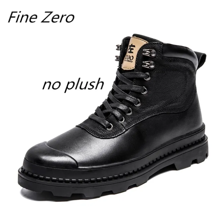 Fine Zero/Мужская зимняя обувь; теплые мужские зимние ботинки из натуральной кожи ручной работы; высококачественные кожаные мужские ботильоны - Цвет: black-no plush