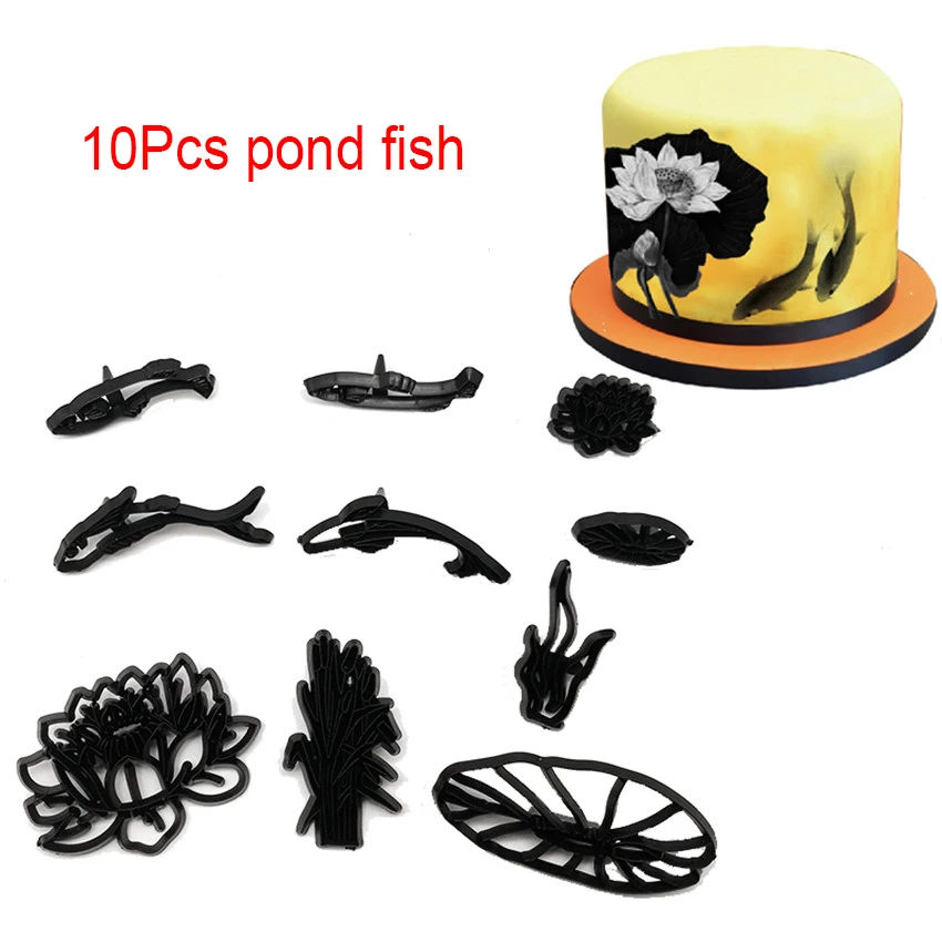 10pcs pond fish Набор пресс-форм для украшения торта, пластиковые формочки для печенья, инструменты для выпечки, свадебные музыкальные Семейные животные, воздушные шары - Цвет: 10pcs pond fish
