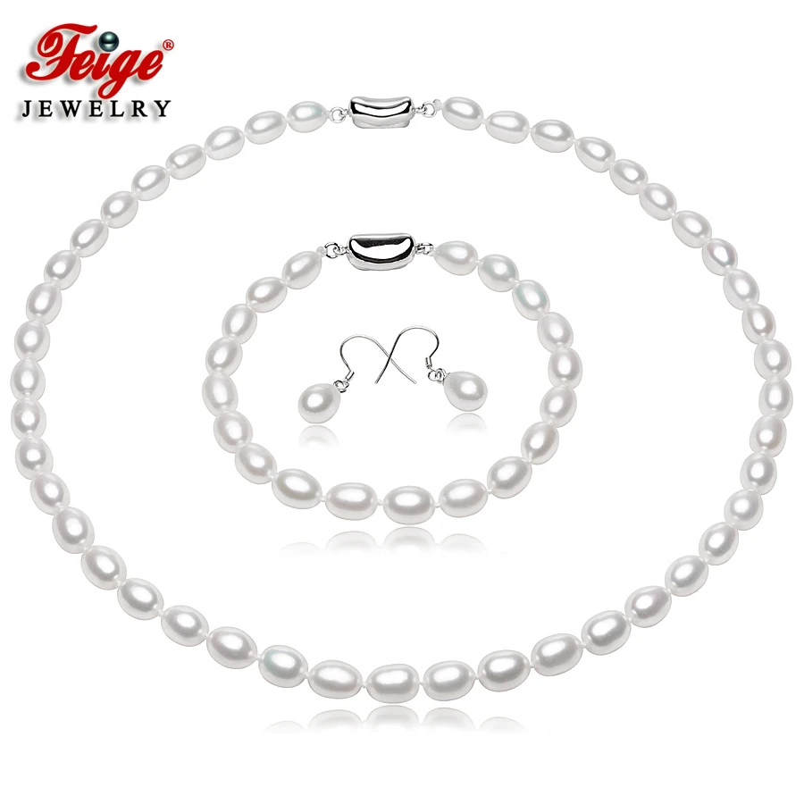 FEIGE браслет Femmes avec 7 8 мм Blanc D'eau Douce Perle Collier Ensemble et 925 En Argent Femelle|femelle| |