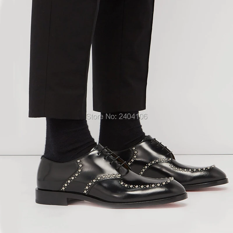 Drop Ship Shiny Sold Leather Silver Stone Studded Oxfords Business Dress Formal Shoes Cross-tied Lace-up Black Rivets Men | Обувь
