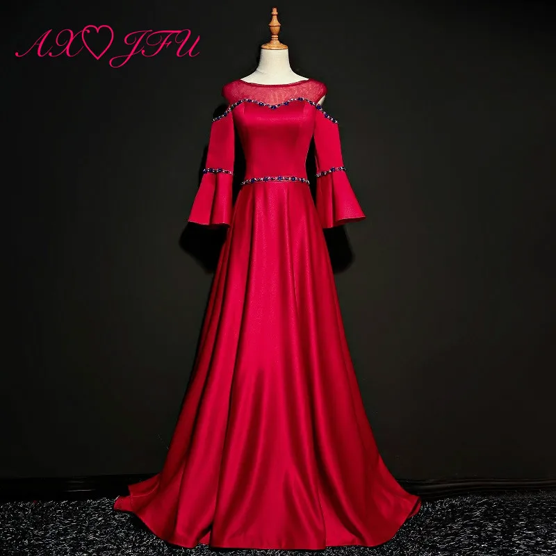 Красное Атласное Вечернее платье AXJFU принцессы с круглым вырезом Роскошное