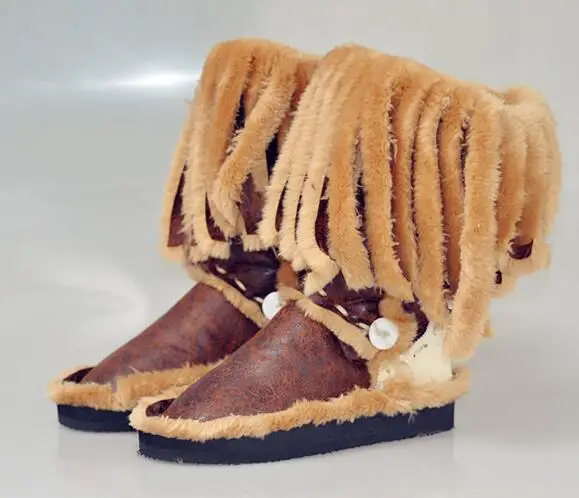 Eskimo/Стильные очень популярные модные женские зимние ботинки на меху с бахромой зимние теплые ботинки с круглым носком разноцветные женские ботинки до середины икры без застежки
