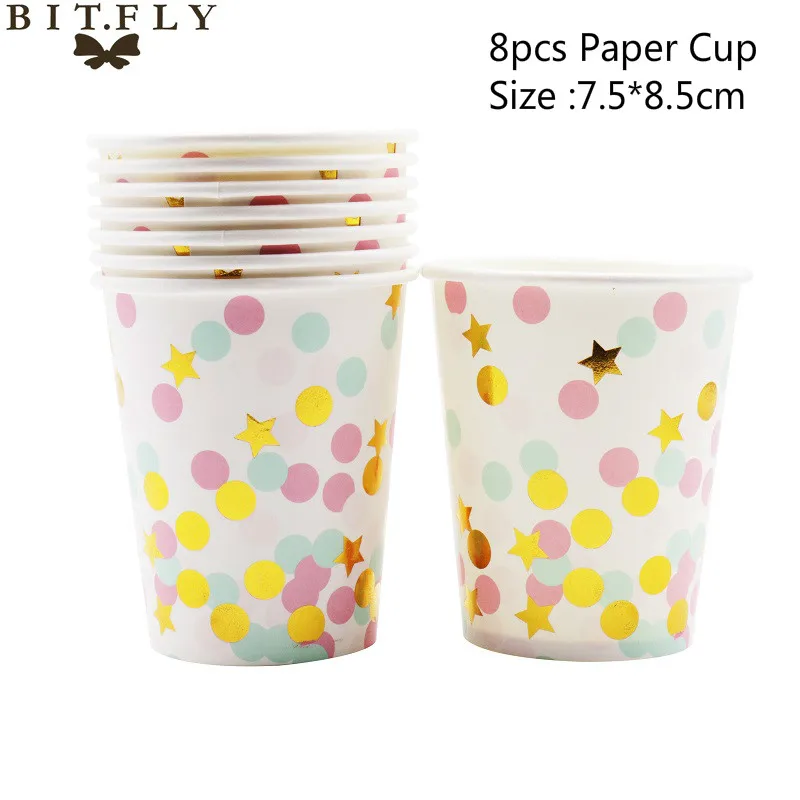Gold Pink Cup BIT.FLY, Золотая фольга, одноразовая посуда на день рождения, детская вечеринка, розовая/синяя бумажная тарелка, салфетки под чашки для мальчиков/девочек, украшения для вечеринки сделанные своими руками - Цвет: Gold Pink Cup