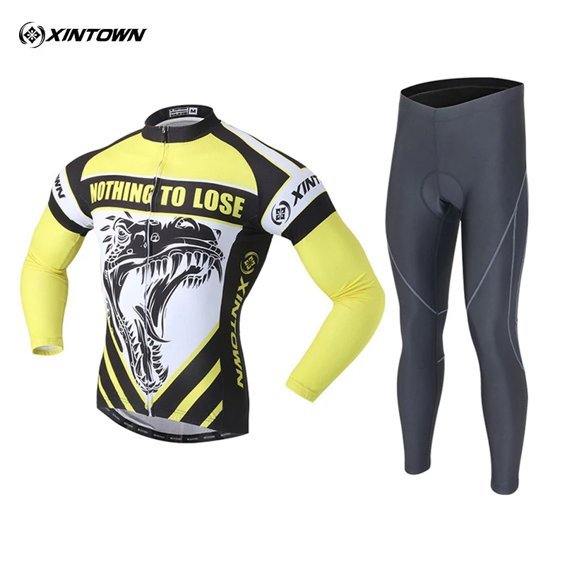 

XINTOWN Men's Long Sleeve Cycling Jersey Bib Pants Set Biking Breathable 3D Padded Bicycle Sports Cycling Clothing Ropa Ciclismo