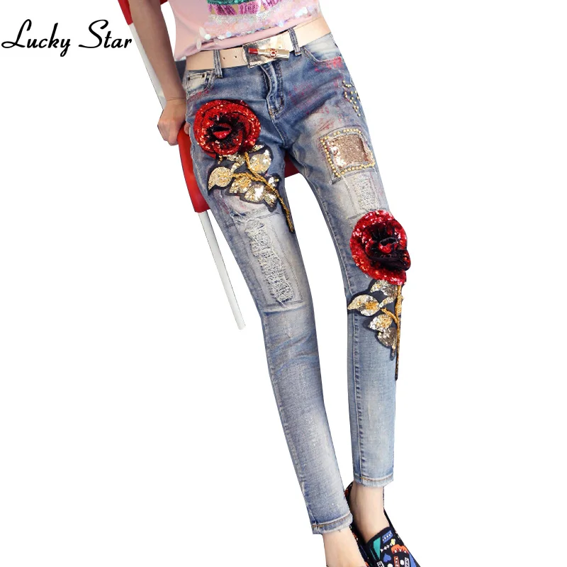 3D розы и блестками джинсы Зауженные женские эластичные узкие брюки для девочек