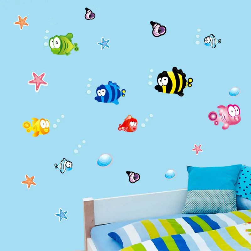 Подводная Наклейка на стену с рыбками морскими звездами пузырьками для детской - Фото №1