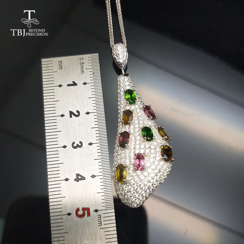 TBJ, S925 Серебряный кулон с причудливым цветом турмалина, простой и модный дизайн подвески из натурального драгоценного камня с цепочкой в подарочной коробке