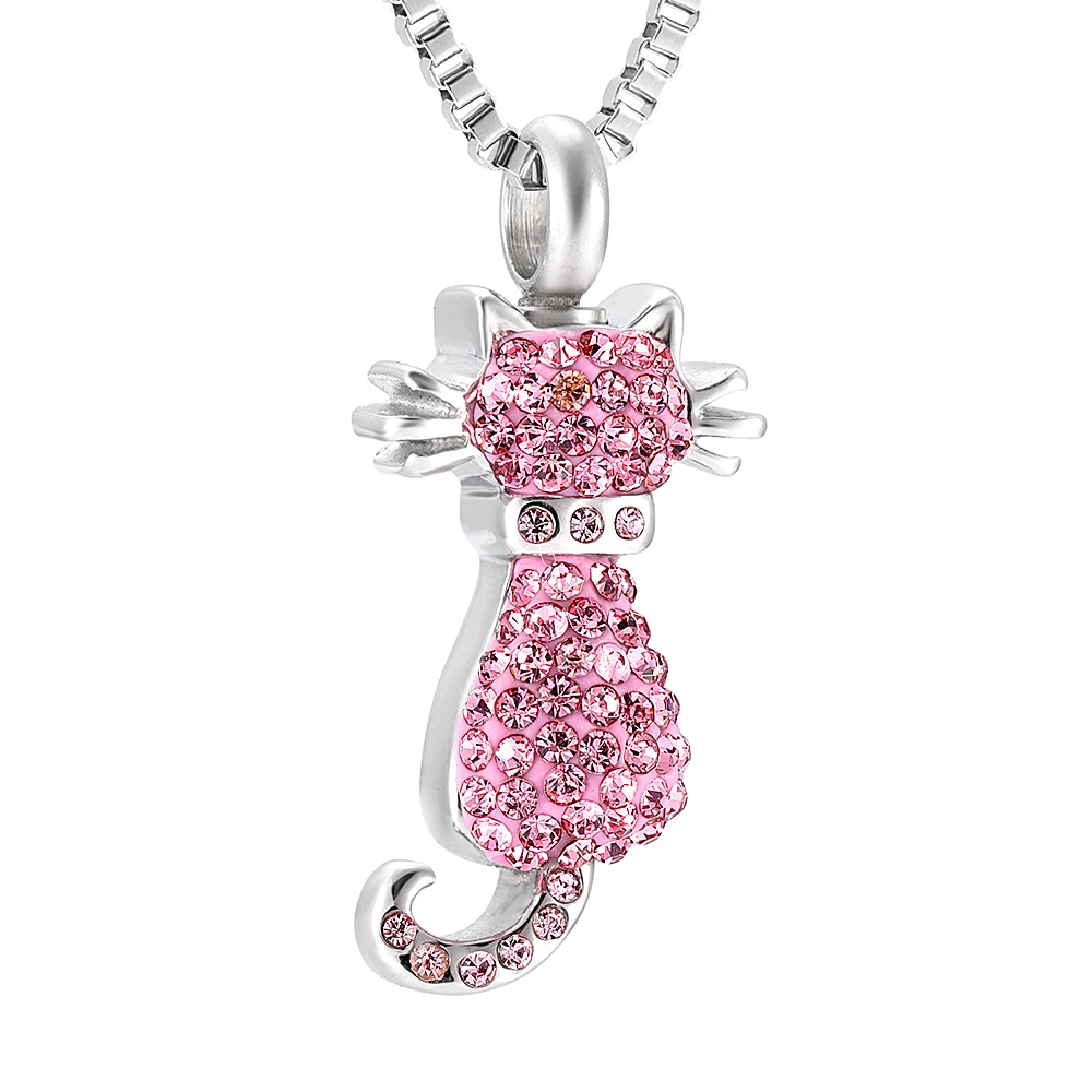 

Women's Keepsake Urn Necklace Beauty Cremation Memorial Pendant for Mom Stainless Steel Pink Crystal Ash Cat Pet Jewelry Gifts
