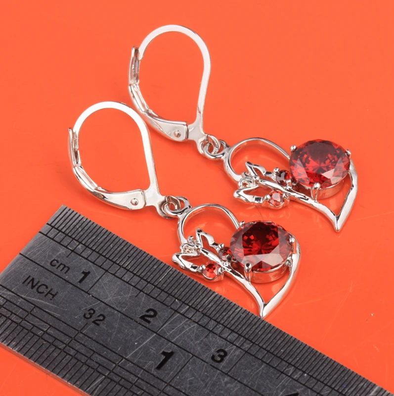 Сердце Красный Гранат Циркон 925 пробы серебряные Подвесные серьги