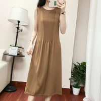 ice silk new knitted dress women o neck sleeveless cool loose long dresses summer women clothes female solid basic dress casual