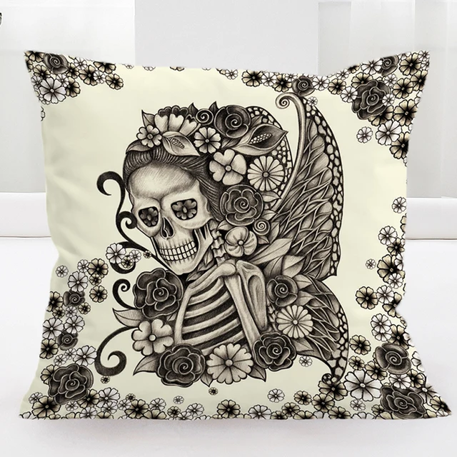 BlessLiving Pale Grey Butterfly Cushion Cover Skull Pillow Cover Retro Rose Pillow Case 45*45 Romantic Dark Home Decor Drop Ship 3