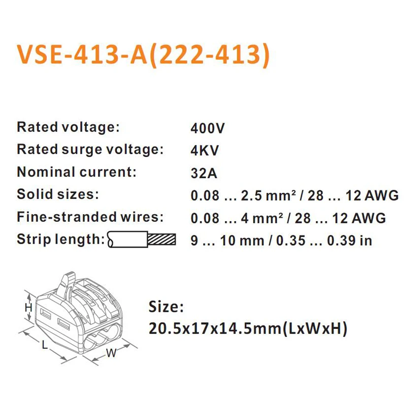 VSELE 30 шт./лот VSE-413-A провода разъемы 3p Тип штекера пружинный зажим мини 222-413