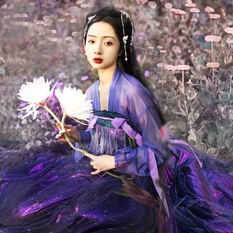 Женское китайское платье Hanfu традиционная китайская одежда фиолетовое со