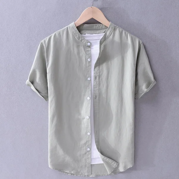 Army green Новое поступление, Брендовые мужские льняные рубашки летняя однотонная желтая рубашка Мужская мода Повседневная рубашка со стоячим воротником мужская рубашка большого размера - Цвет: Army green