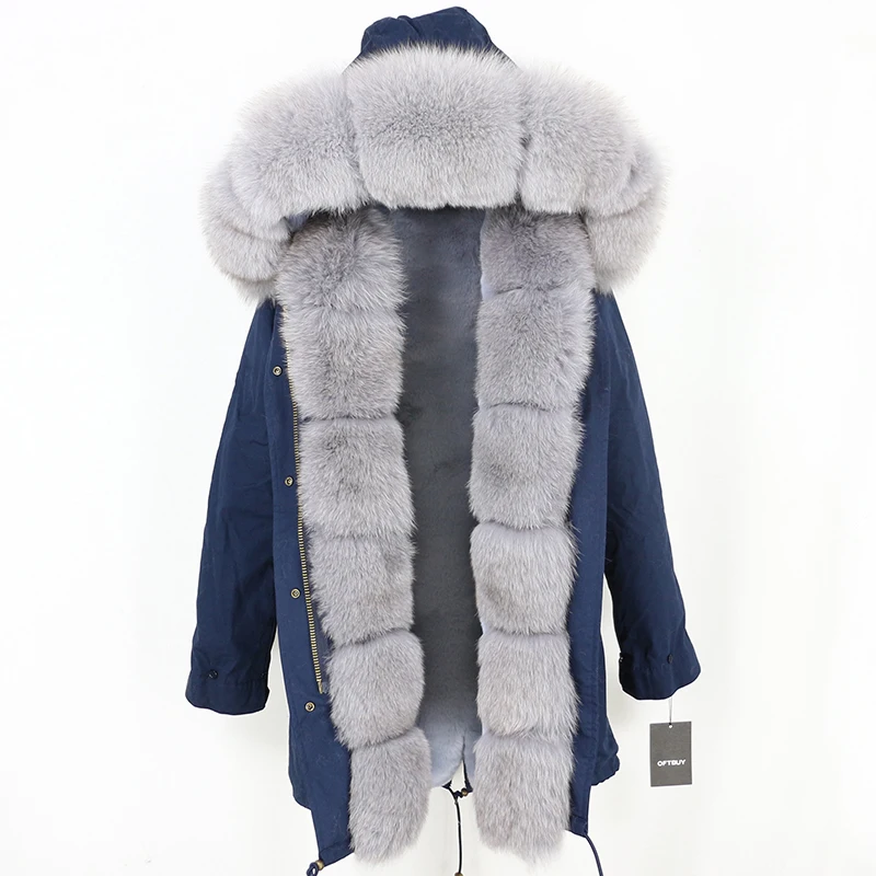 navy grey OFTBUY длинная парка, пальто с натуральным мехом, зимняя куртка для женщин, Воротник из натурального Лисьего меха, Толстая теплая брендовая Роскошная Съемная уличная одежда - Цвет: navy grey