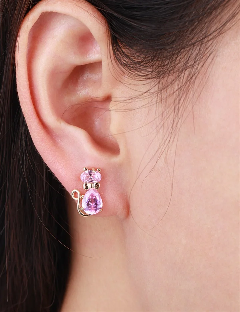 Yellow Gold Color Cute Bow Knot Pink Crystals CZ Cats Stud Earrings for Women Children Girls Kids Gatos Jewelry bijoux Aros|earring stopper|stud