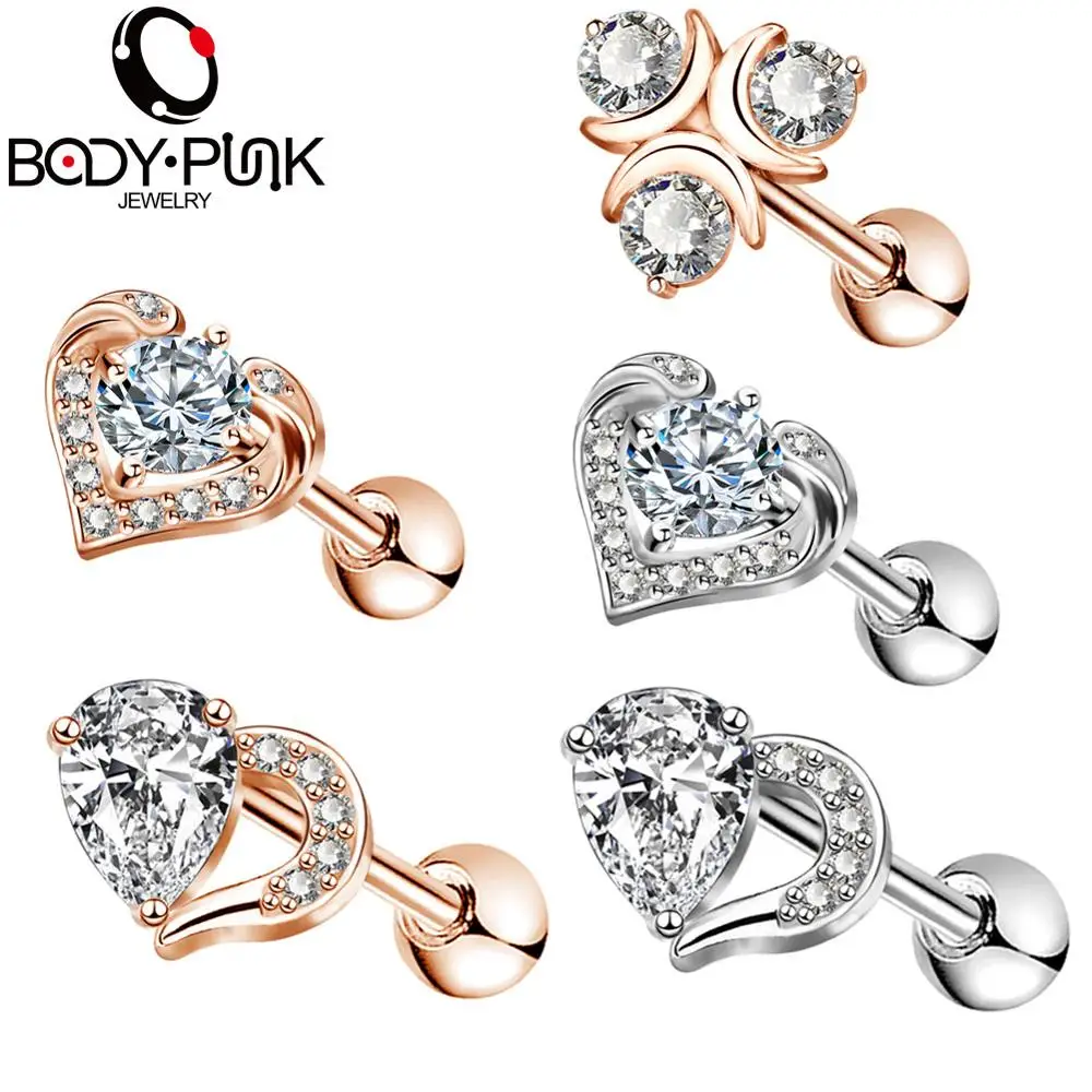 

Body Punk Ear Cartilage Helix Earring Piercings High Quality 16G Surgical Steel CZ Daith Tragus Studs Piercing Rose Gold Women