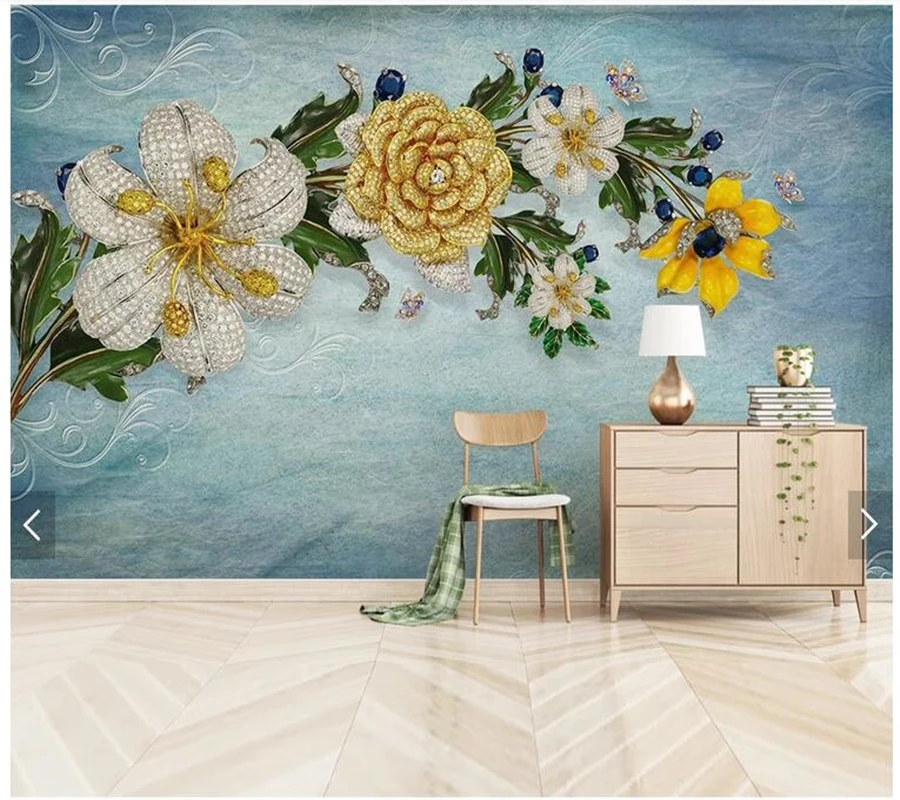 

Custom floral wallpaper, simple jewelery flowers mural for living room bedroom sofa TV background home decor wallpaper
