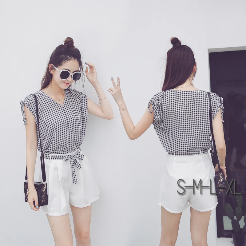 2017 Летом Случайные женские Наборы 2 Шт. Набор V Шеи Черный клетчатой Рубашке Топ и