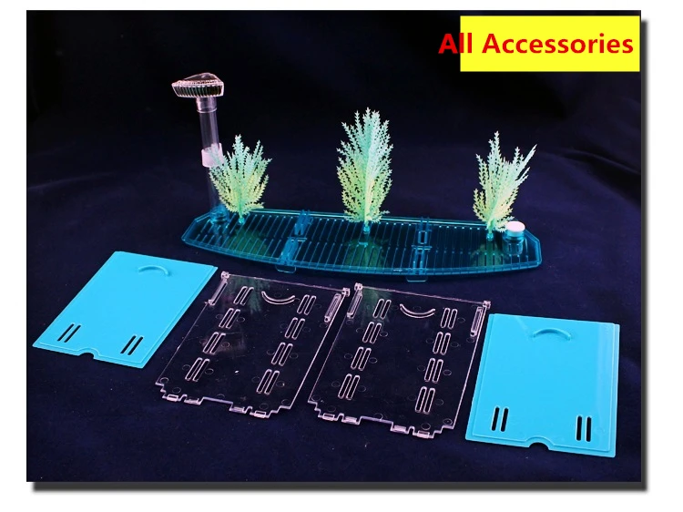Светодиодный светильник для аквариума из акрила с тремя разделениями Betta Fish Tank с тройным бантом и изоляцией люка, коробка для пород синего и фиолетового цветов AT007