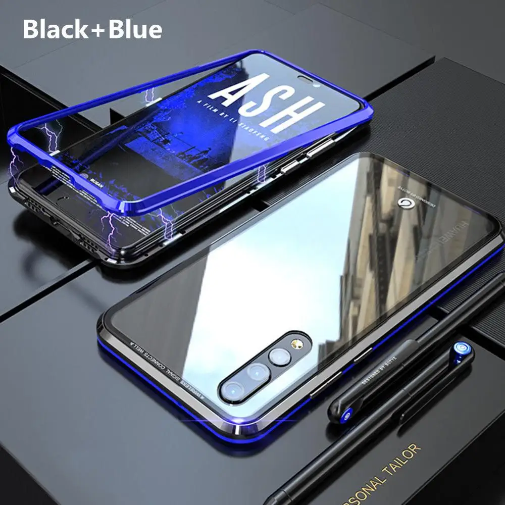 Роскошный Магнитный чехол для huawei Nova 3 3e P20 Pro, металлический бампер, магниты, стеклянный чехол, чехол для huawei P20 Lite, чехол Nova3e Nova3 - Цвет: Black-Blue