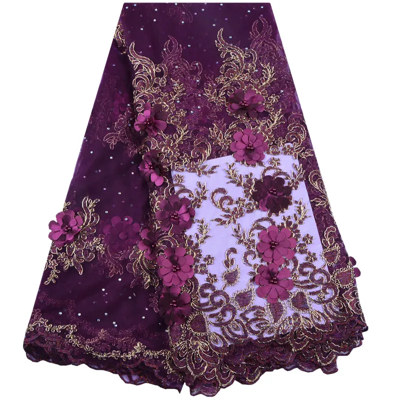 

2018 High Quality African Tulle Lace Fabric Wine 3D Flower With Beaded New Design Nigerian Net Lace Fabric For Party Dress S1393