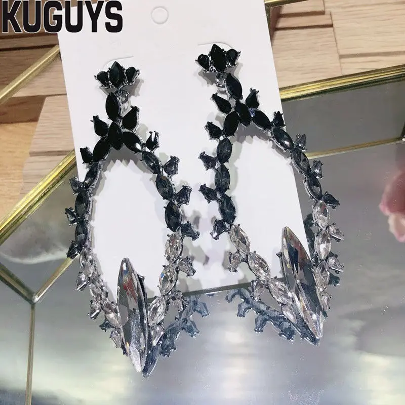 BLACK KUGUYS роскошные черные белые серьги с кристаллами для женщин модные круглые большие висячие серьги Модные ювелирные изделия вечерние свадебные аксессуары - Окраска металла: BLACK
