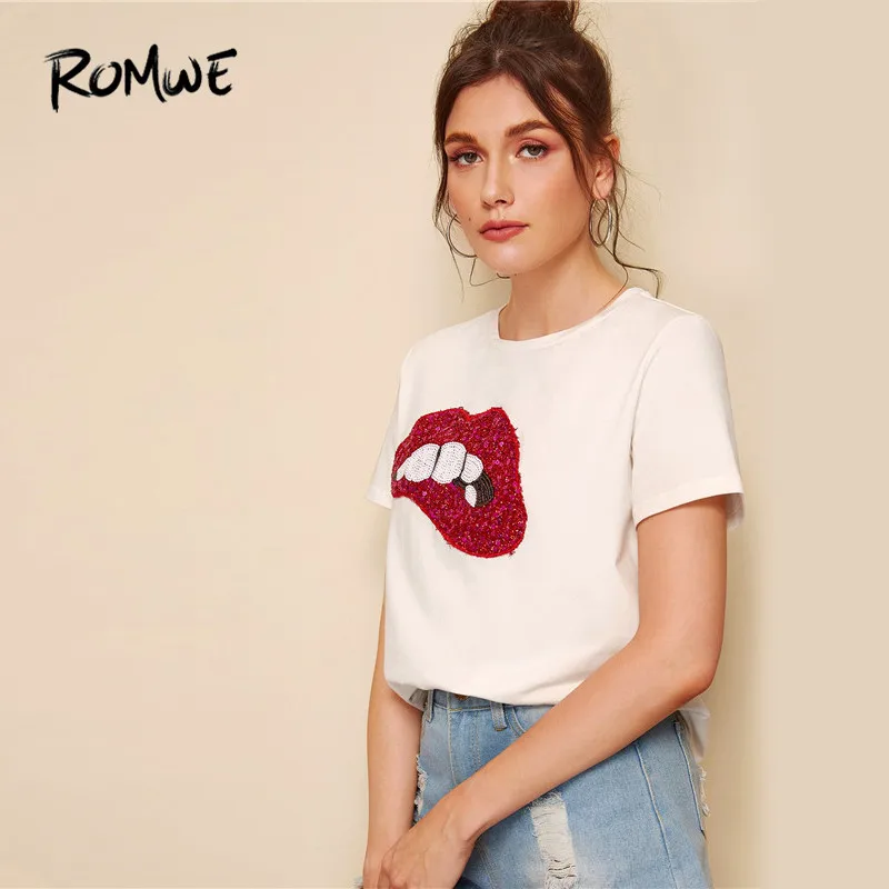 ROMWE белый короткий рукав Футболка с круглым вырезом, расшитые блестками, Sparkely блестящие уютный костюм с принтом в виде губ Для женщин футболка модные летние топы