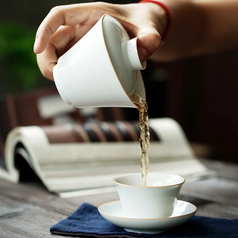 Чайный набор PINNY Jingdezhen из белого фарфора с мешком 1 Gaiwan 2 чашки Портативный чайный