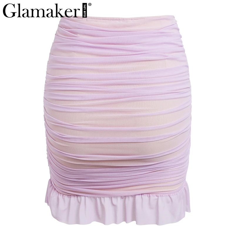 Glamaker, элегантная плиссированная Женская юбка, летняя, повседневная, розовая, сетчатая мини-юбка, женская уличная юбка с высокой талией