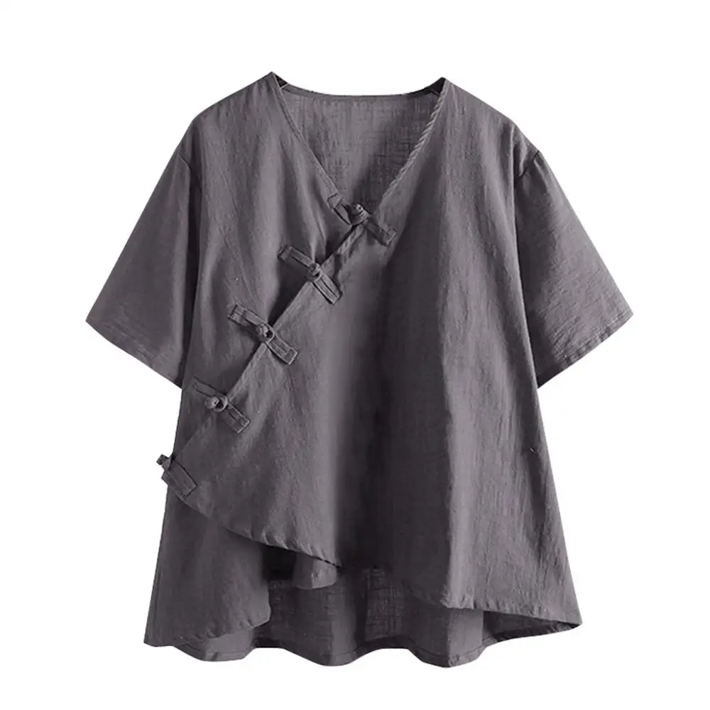 Женская винтажная Свободная рубашка из хлопка и льна с V-образным вырезом