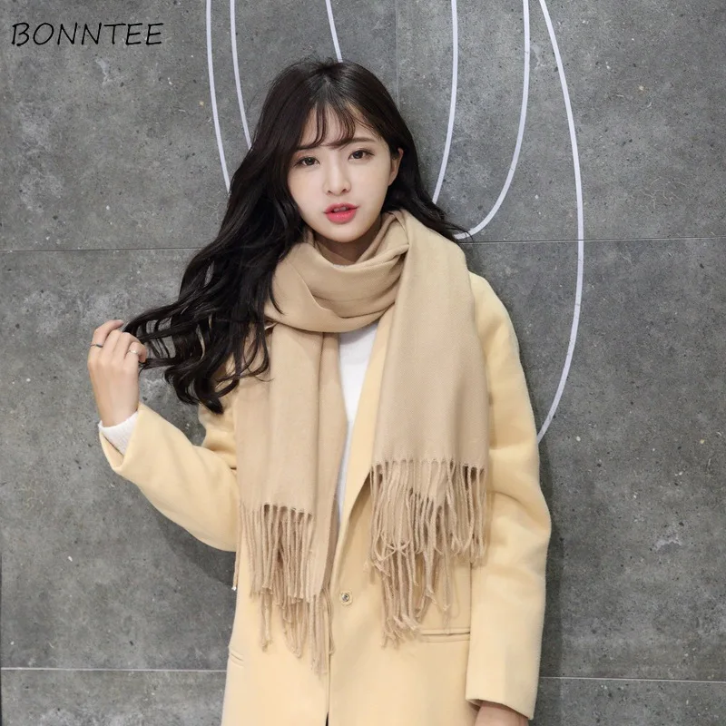 Scarves Women 2020 Solid Trendy Elegant Retro Tassel Shawl Winter Cashmere Scarf Knitted Thicker Womens Simple All-match Scarfs |
