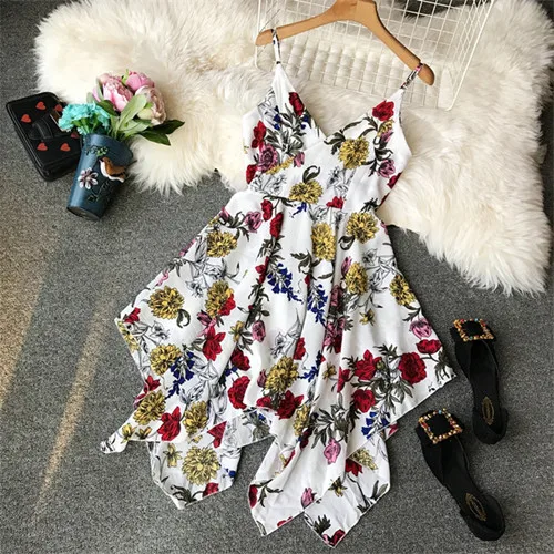 Белый Boho V образным вырезом сексуальное летнее платье с цветочным принтом Нерегулярные Спагетти ремень миди женское повседневное асимметричное богемное пляжное платье - Цвет: Белый