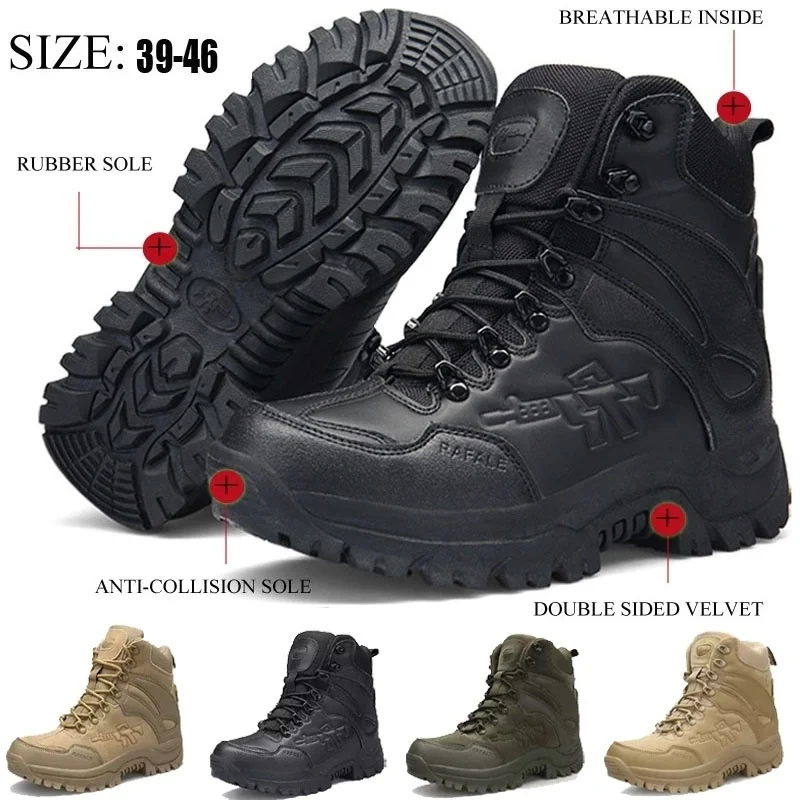 

HAN WILD Outdoor Men Military Tactical Boots Casual Hiking Shoes Combat Desert Boots Waterproof Army Boots Flats Leather Boots