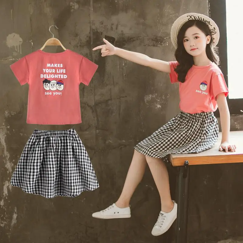 tees skirt 01 Летний комплект одежды из 2 предметов для девочек 4, 6, 8, 10, 12, 14 лет, летняя хлопковая Футболка г. Клетчатые костюмы, шорты, наряды ensemble fille - Цвет: tees skirt 01