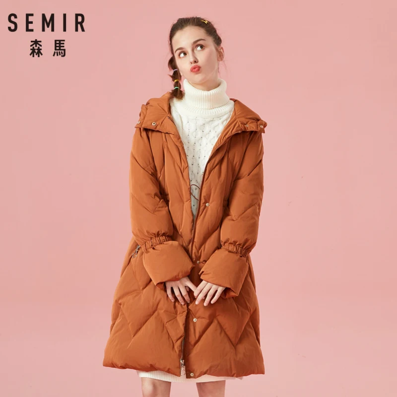 SEMIR женское стеганое длинное пуховое пальто с капюшоном с карманом на молнии и застежкой-защелкой пуховое пальто со скрытым шнурком на талии