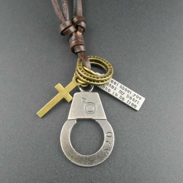12pcs/Lot Women Trendy Alloy Necklaces Popular Handcuff Cross Pendant Leather Rope Necklace Long Link Chain Bronze | Украшения и