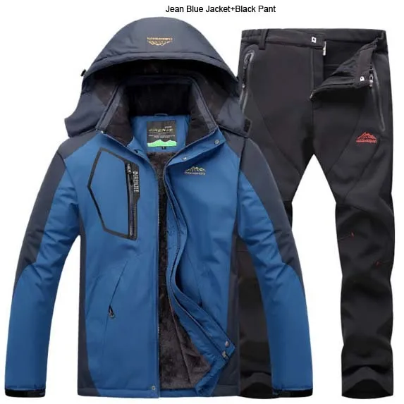Jean Blue Black 5XL мужская зимняя куртка для скалолазания, лыжного спорта, брюки, костюмы для охоты, рыбалки, водонепроницаемые, треккинговые, мужские мягкие флисовые комплекты для путешествий - Цвет: Jean Blue Black