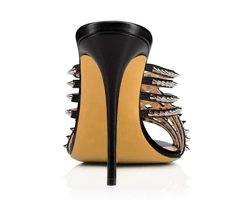 Sexy Silvery Rivet Embellished Hollow Mouth Slides Studded Slip On Open Toe High Heel Sandals Stiletto Mules Shoes | Обувь
