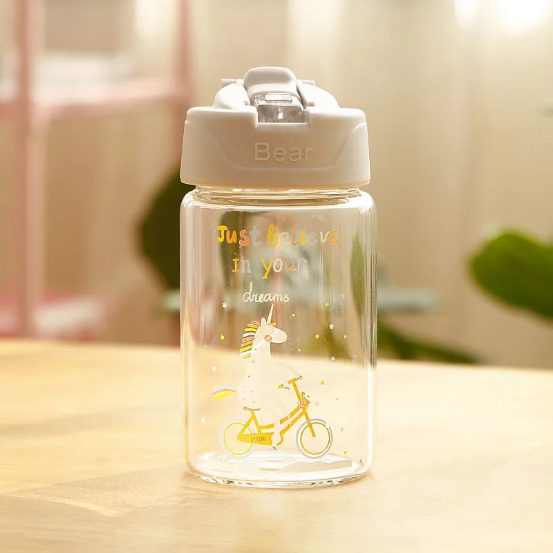 300ml Gray Стеклянная бутылка для воды с единорогом для детей с соломинкой и откидной крышкой для девочек, герметичная дорожная бутылка для напитков без бисфенола, 300 мл, 400 мл - Цвет: 300ml Gray