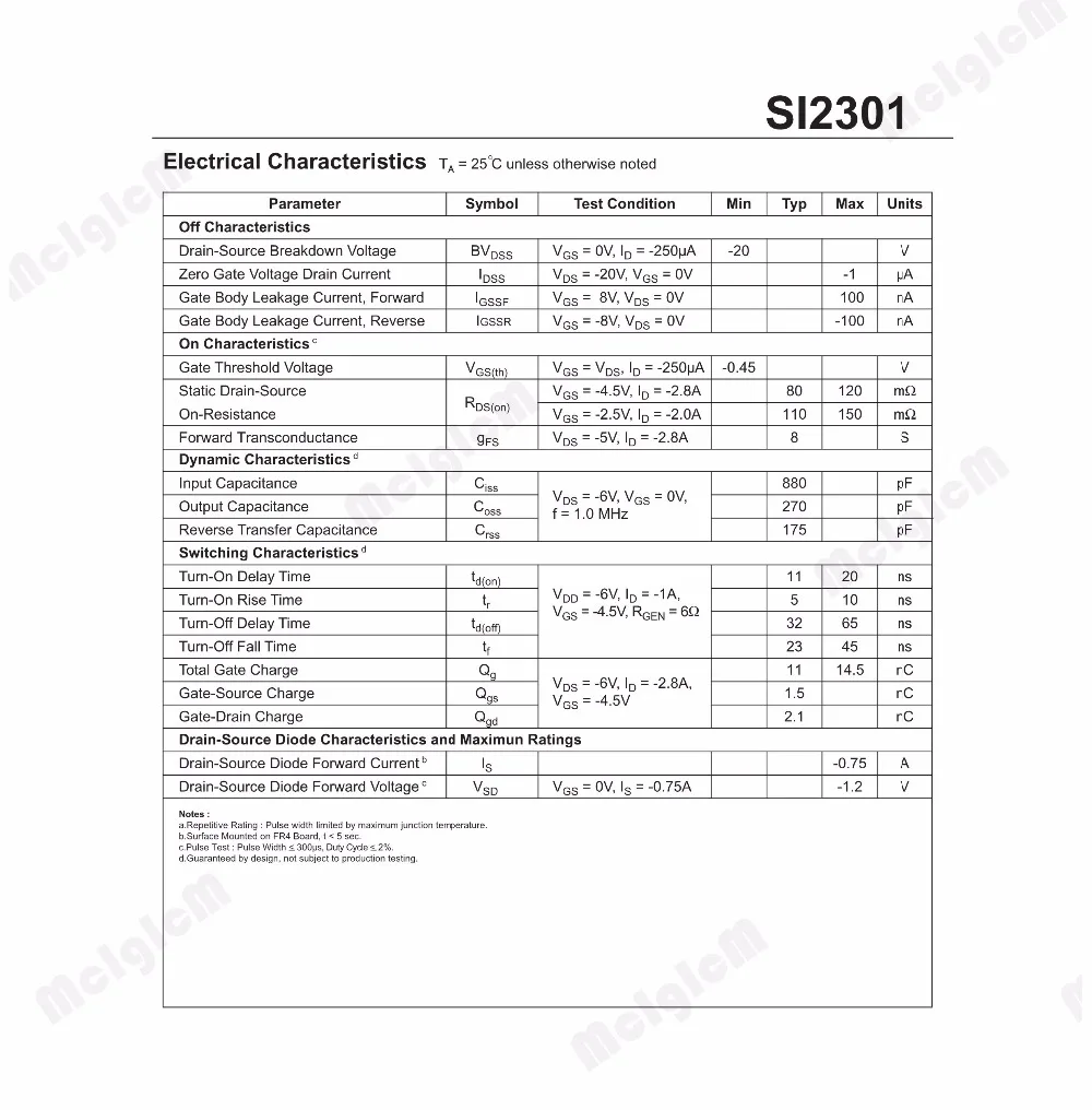 MCIGICM si2301, 100pcs SMD mosfet транзисторы СОТ-23 SI2301 MOSFET P-CH 20V 3.1A SOT23-3